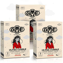 Three boxes of TME Ultra-Cuddle overnight pads on a white backgroundExtra wide soft comfort full night pads XXL+ 21 pads