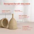 TIME Menstrual Cup design features adaptive seal rim ergo-tulip shape air-relief rim