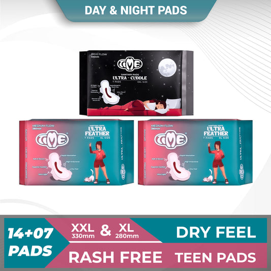 Time Ultra Feather XL + Ultra Cuddle XXL Sanitary Pads ( Pack of 3) | Teen Pads | Over Night Comfort | Rash Free