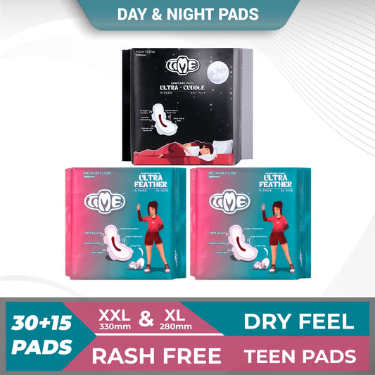 Time Ultra Feather XL + Ultra Cuddle XXL  Sanitary Pads (pack of 3) | Teen Pads | Over Night Comfort | Rash Free