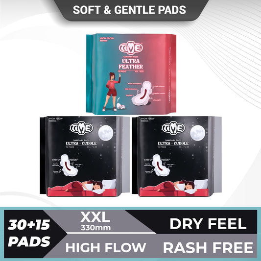 Time Ultra Feather XXL + Ultra Cuddle XXL Sanitary Pads (Pack of 3) | Teen Pads | Over Night Comfort | Rash Free