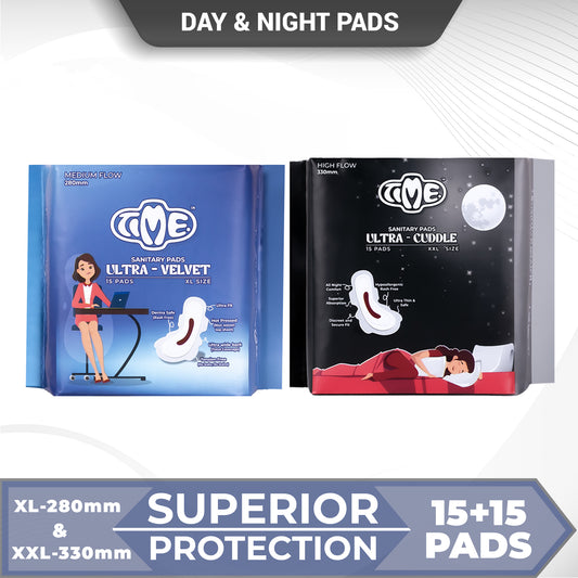Time Ultra Velvet XL + Ultra Cuddle XXL Sanitary Pads (1 pack each) | Cottony Top Sheet | Rash Free | All Night Comfort | Leak guard