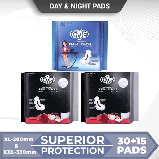 Time Ultra Velvet XL + Ultra Cuddle XXL Sanitary Pads (Pack of 3) | Cottony Top Sheet | Rash Free | All Night Comfort | Leak guard
