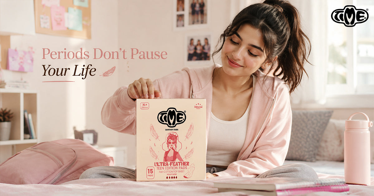 A teen girl is reading books and the TIME ultra feather sanitary pads is placed on the table