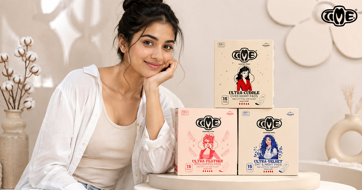 A women with TIME sanitary pads with three varients