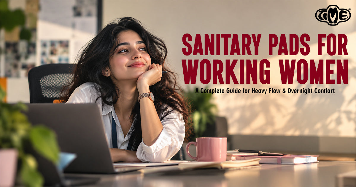 A women is sitting in offoce and the text shows that "sanitary pads for working women"