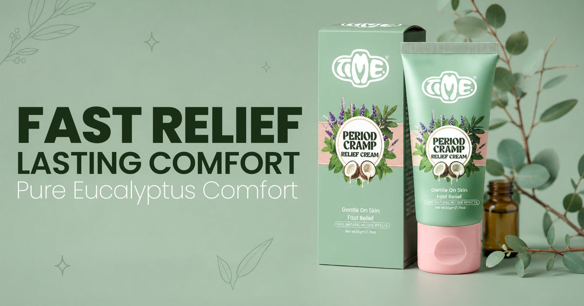 TIMEPADS Period Cramp Relief Cream  and box with eucalyptus and coconut ingredients on green background – Fast Relief, Lasting Comfort