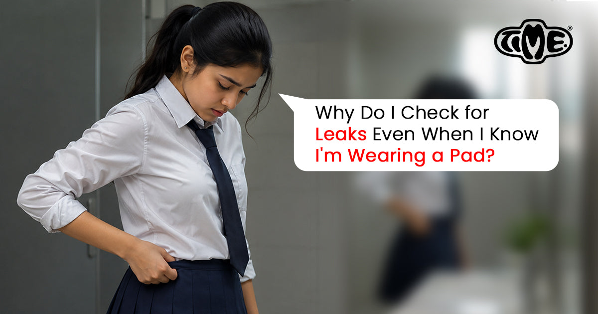Young girl in school uniform checking for period leaks, with text: Why Do I Check for Leaks Even When I Know I'm Wearing a Pad? – TIMEPADS
