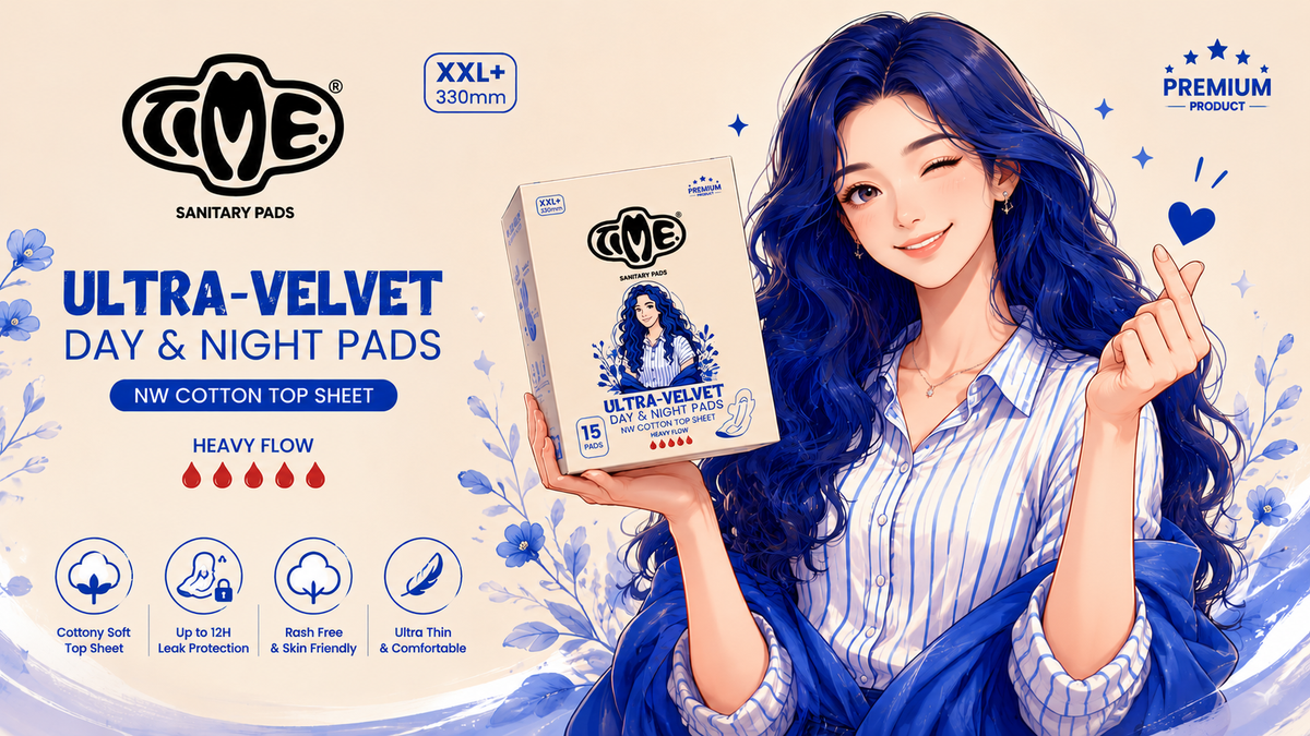 "TIME Ultra Velvet Day & Night Sanitary Pads XXL+ 330mm with NW cotton top sheet for heavy flow, offering up to 12-hour leak protection, rash-free comfort, and skin-friendly protection."