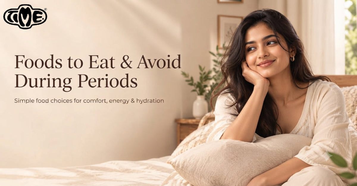 A women is sitting in her bed and text shows that " foods to eat and avoid during periods"
