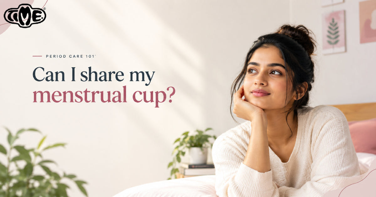 A beautiful women and the text "can i share my menstrual cup " is shown in the image