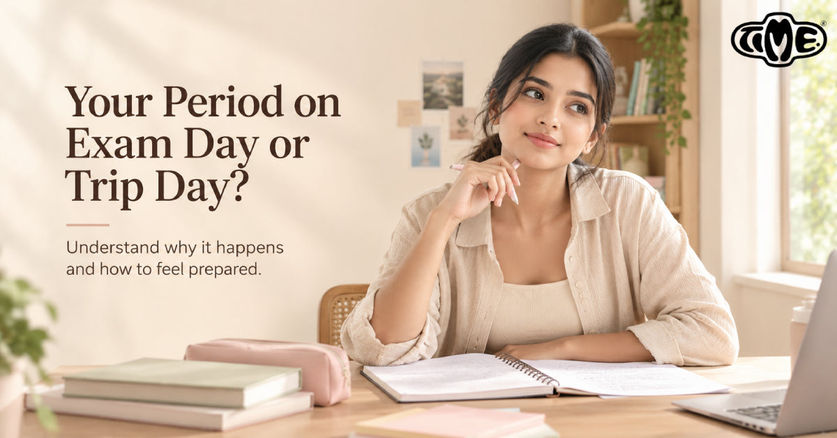 A women is thinking in her exam and the text displayed "your period on exam day or trip day?"