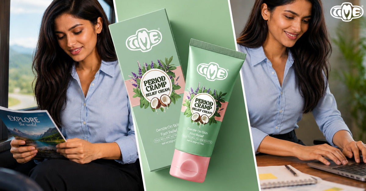 IME Period Cramp Relief Cream tube and box with women reading and working comfortably