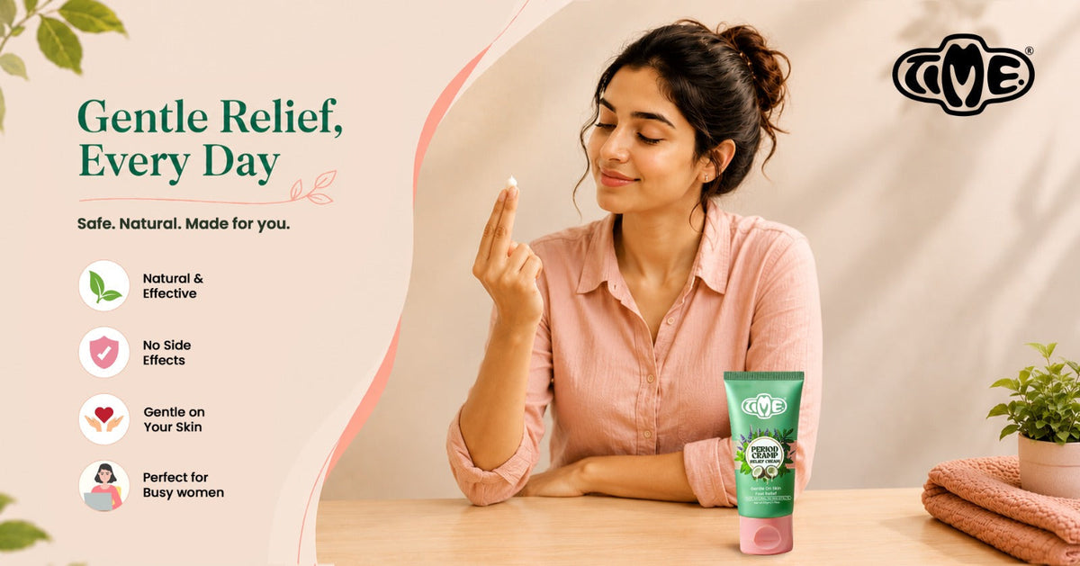 TIME Period Pain Relief Cream banner – woman applying natural cream, Gentle Relief Every Day, safe, no side effects, gentle on skin