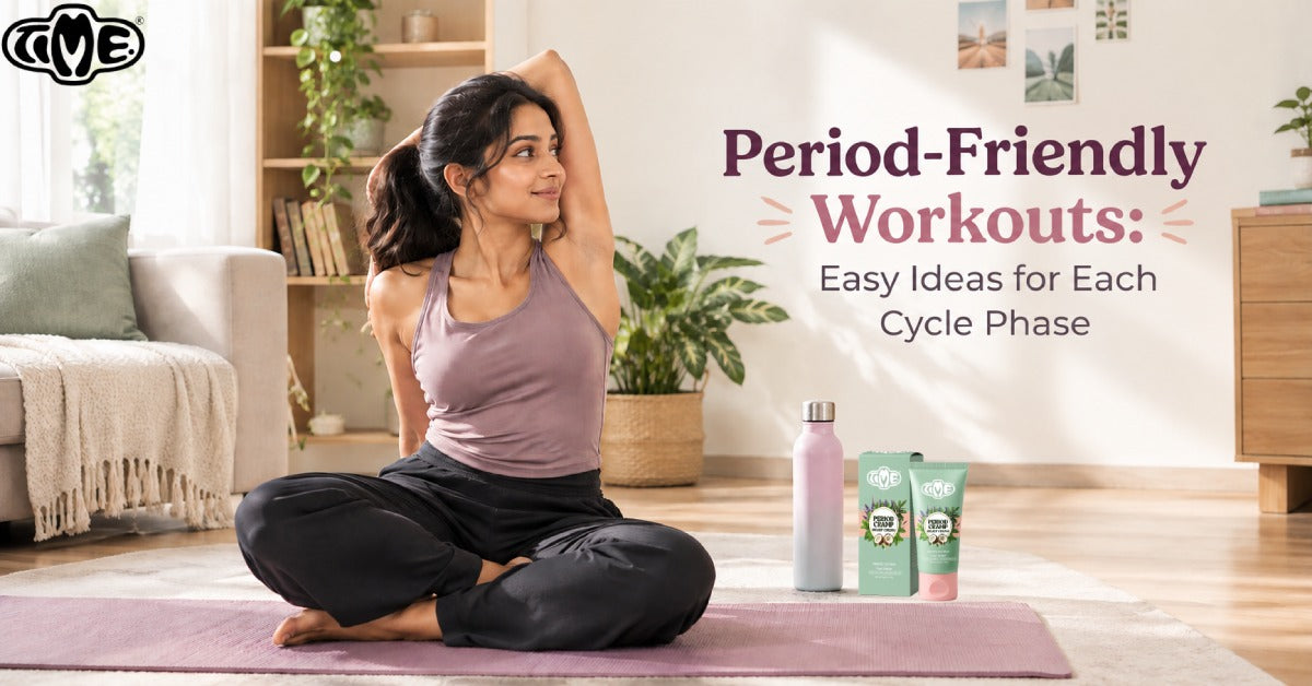 A women is doing exercise and TIME period pain relief cream  and water bottle is kept near to her