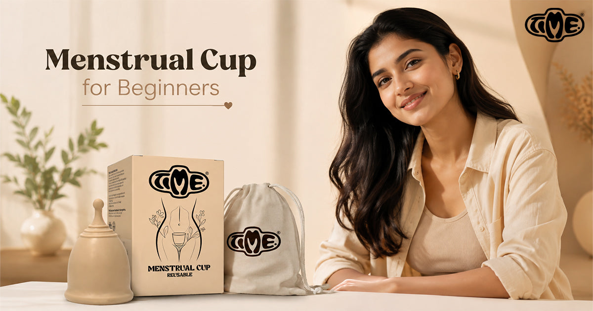 A women with TIME menstrual cup and the text overlayed " menstrual cup for beginners"