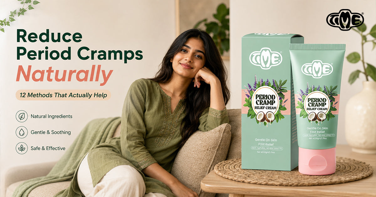 A women is sitting comfortably without cramps and the TIME period pain relief cream is placed  on the table