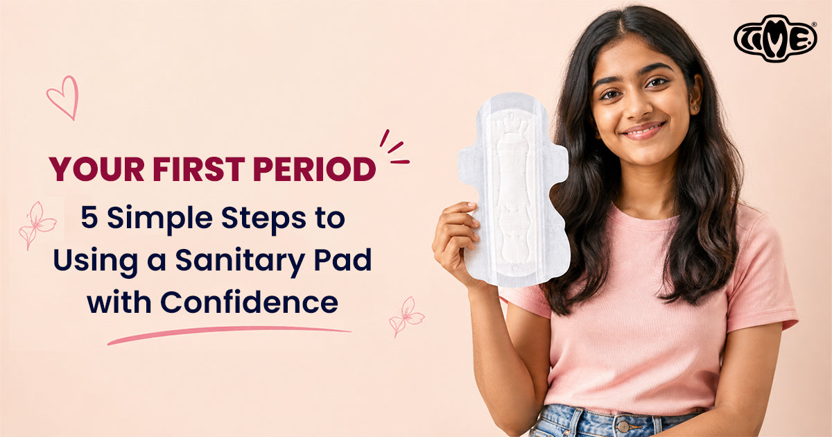 A girl with TIME sanitary pad and text showing that your first period 5 simple steps to using a sanitary pad with confidence