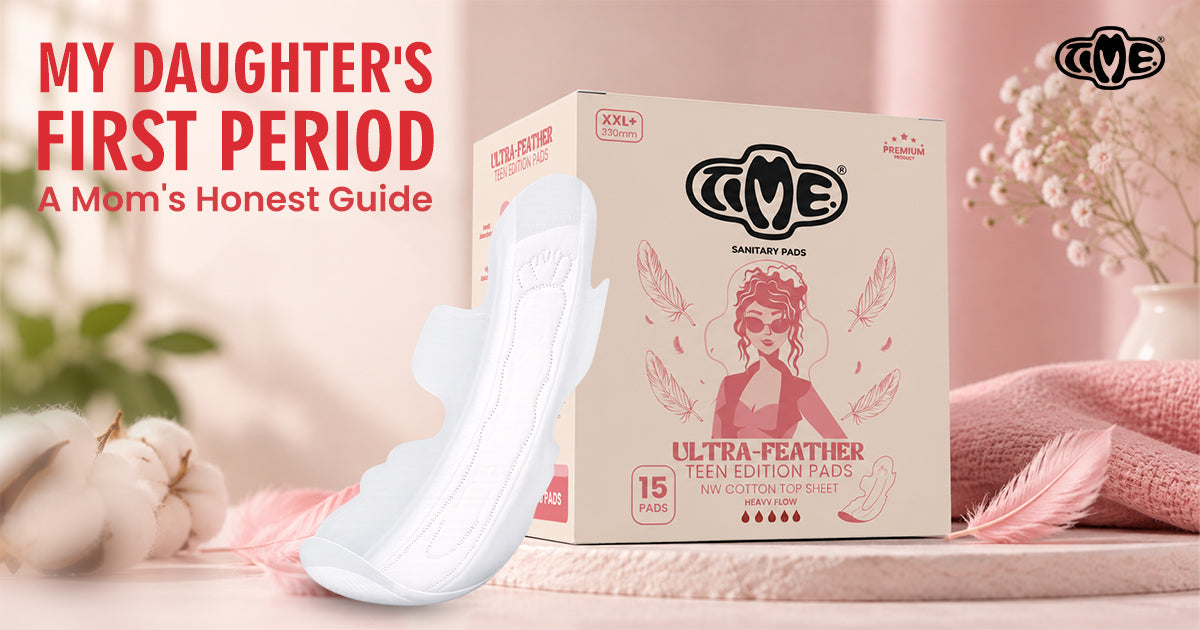 TIME ultra feather sanitary pads is placed on the table and some text overlayed