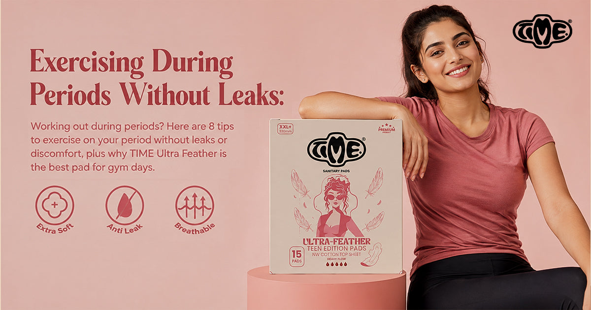 A women is sitting and holding TIME ultra feather sanitary pads and the text overlayed "Exercisind during periods without leaks "