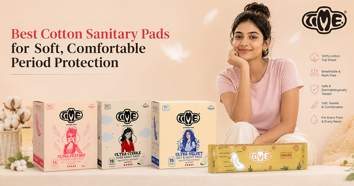 A women with TIME sanitary products and the text shows that best cotton sanitary pads for soft,comfortable period protection