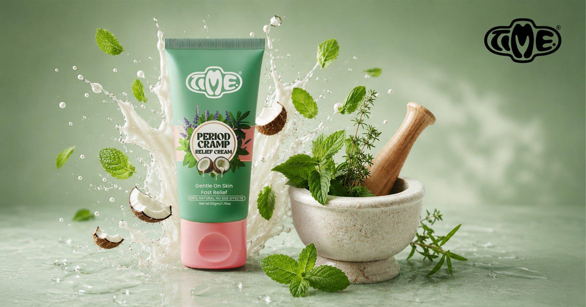 TIME Period Pain Relief Cream which is surrounded by fresh mint leaves, coconut pieces, and herbs in a mortar and pestle with a milk splash — Gentle on Skin, Fast Relief, 100% Natural, No Side Effects
