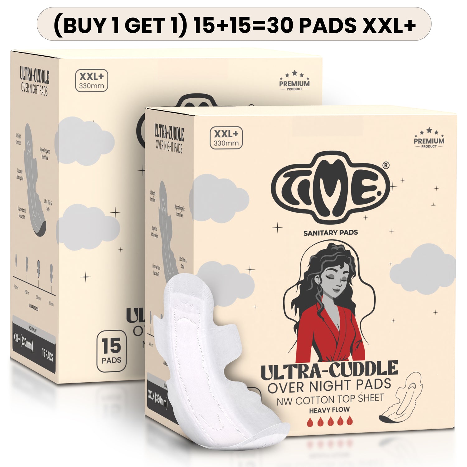 Overnight wider back rash free heavy flow pads  15 pads × 2 (B1G1 Pack)