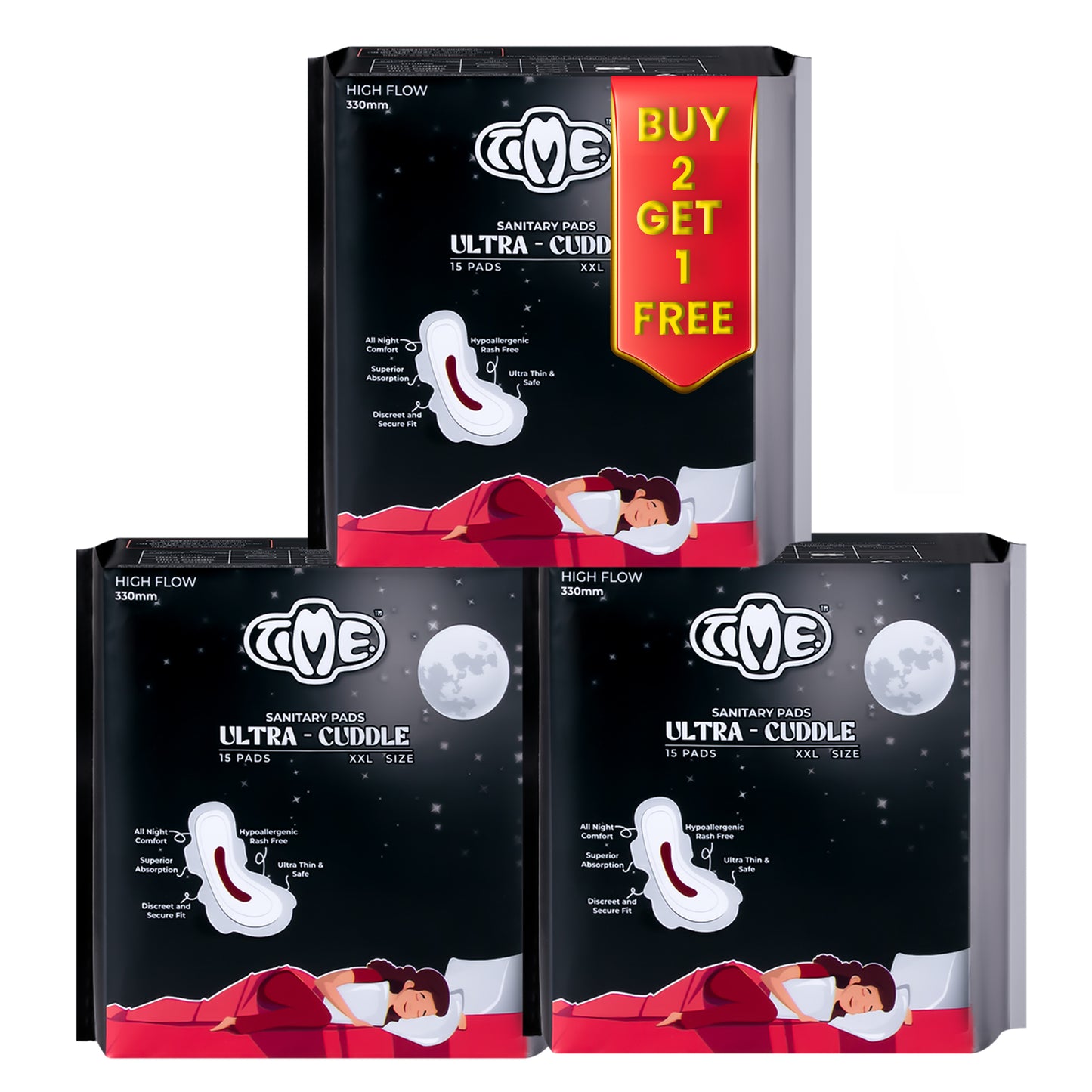 Time Ultra Cuddle Sanitary Pads - Buy 2 Get 1 Free | Over Night Comfort | Leak guard | High Flow | Rash Free