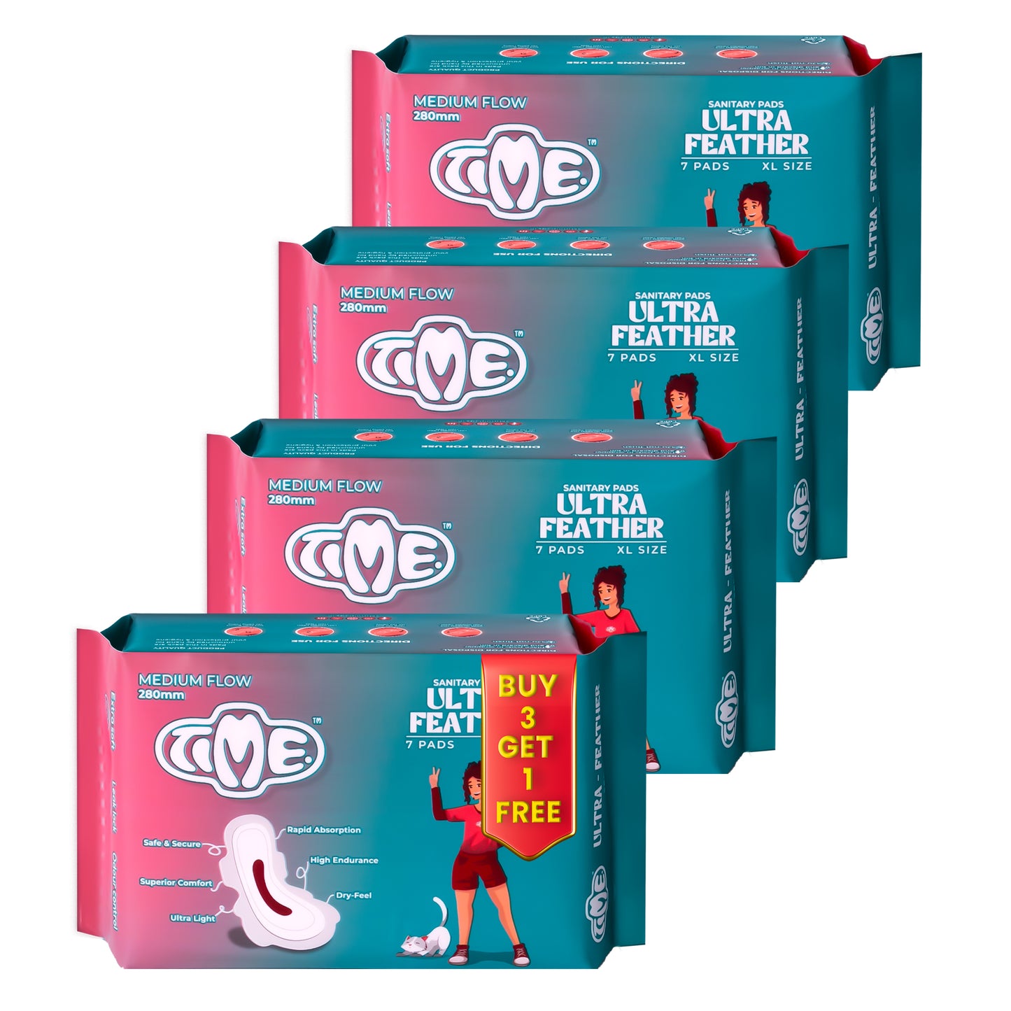 Time Ultra Feather Sanitary Pads - Buy 3 Get 1 Free | Superior Absorption | Teen Pads | Rash free | Dry Feel