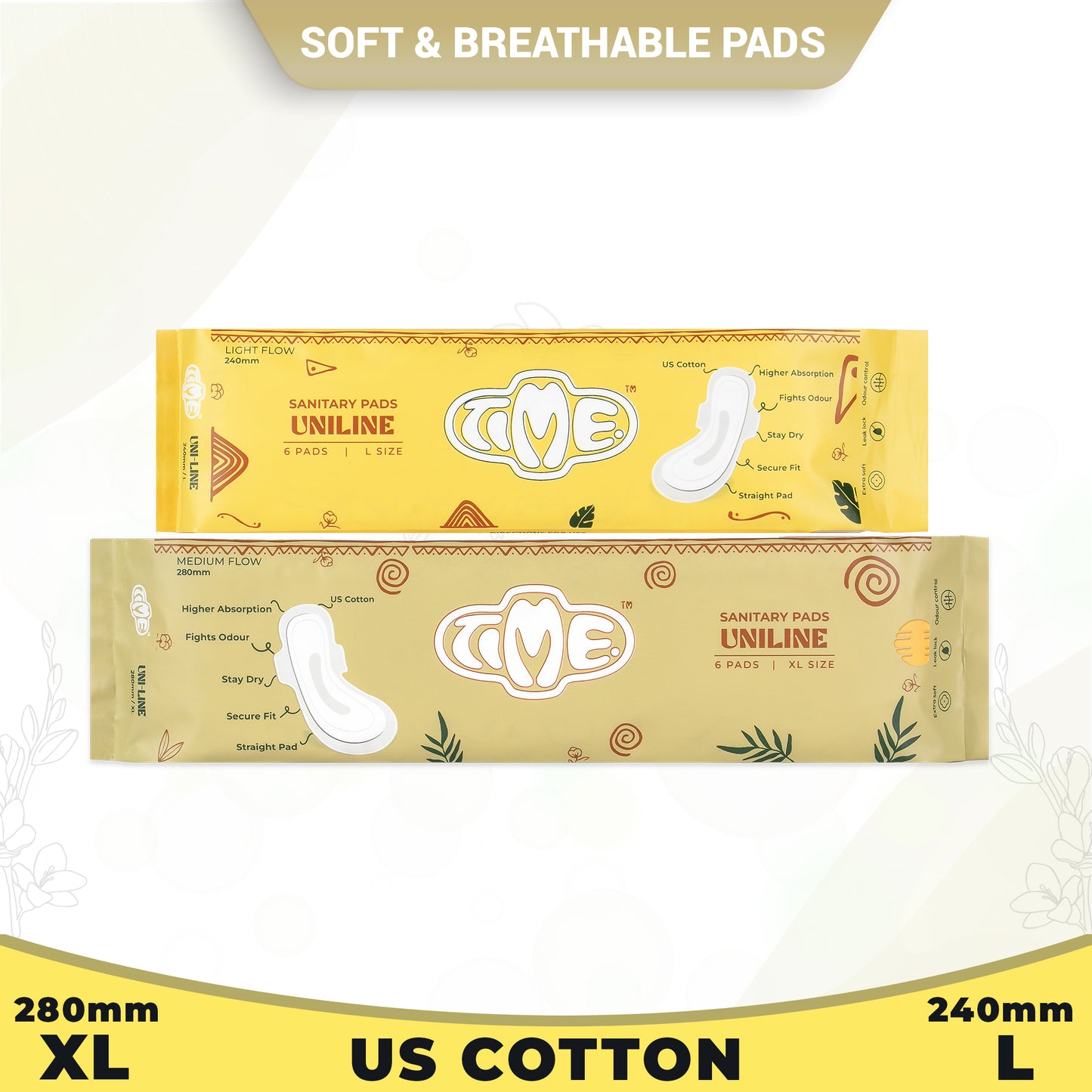 Time Uniline Super Combo Sanitary Pads | Straight Pads | U.S. Cotton | Odour Control | Extra Soft