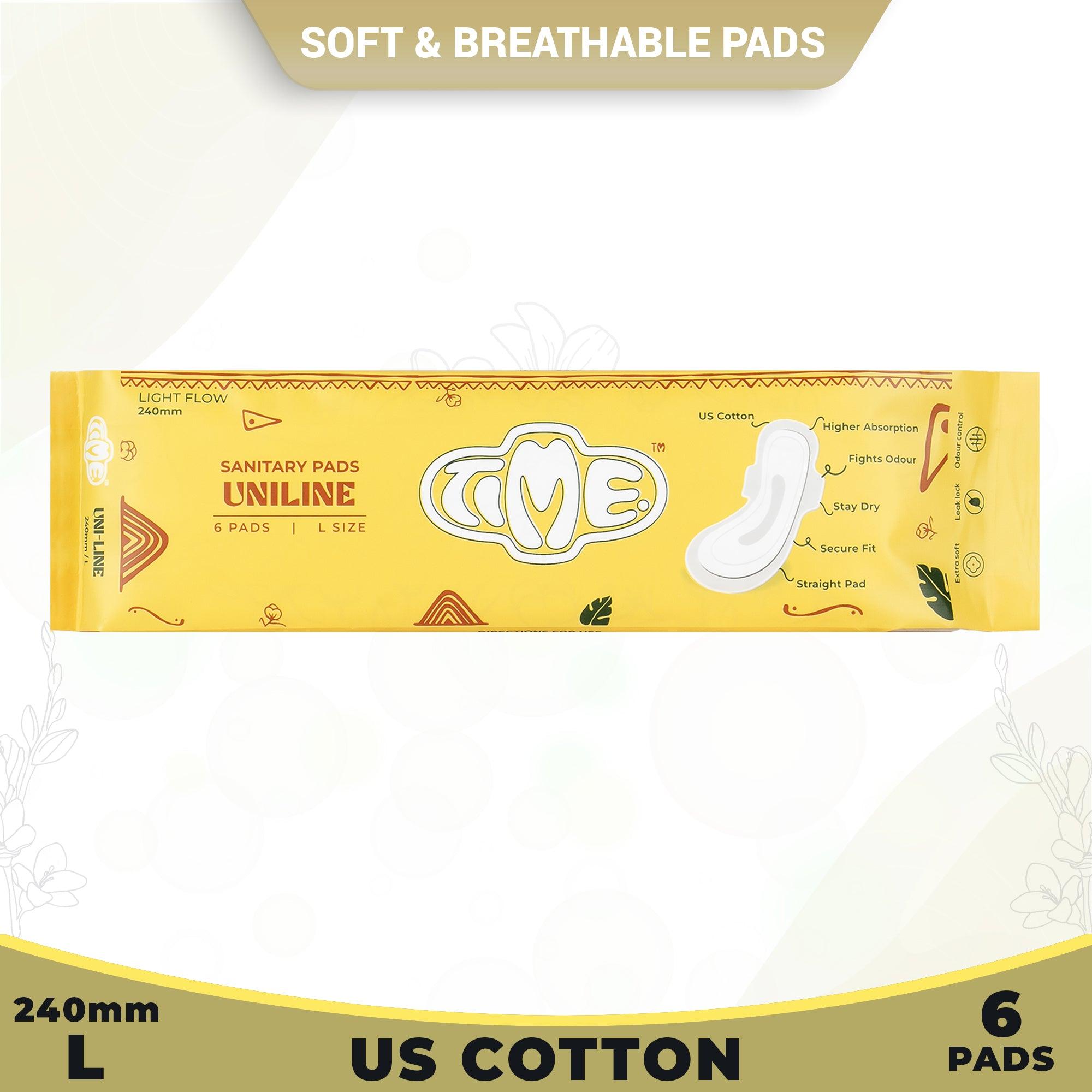 Time Uniline L Sanitary Pads - Buy 3 get 1 Free| Straight Pads | U.S. Cotton | Odour Control | Extra Soft - TIME