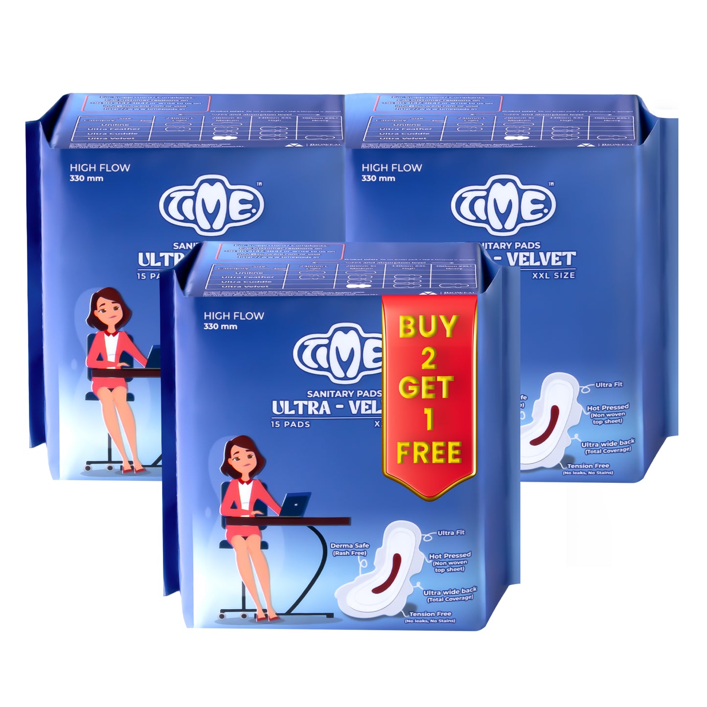 Time Ultra Velvet Sanitary Pads - Buy 2 Get 1 Free | Odour Free | Cottony Top Sheet | Day and Night Pad | Leak guard