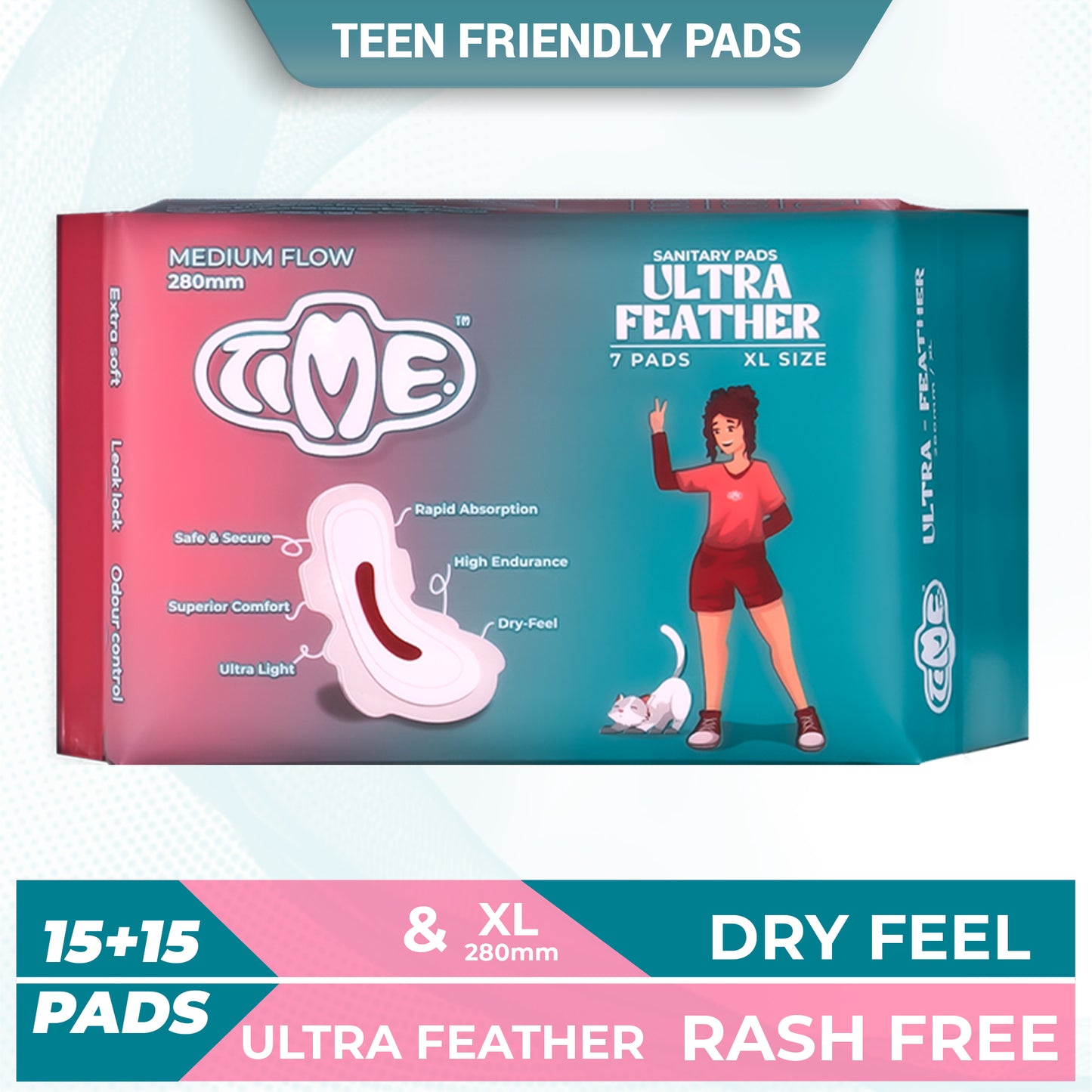 Time Ultra Feather Sanitary Pads - Buy 3 Get 1 Free | Superior Absorption | Teen Pads | Rash free | Dry Feel