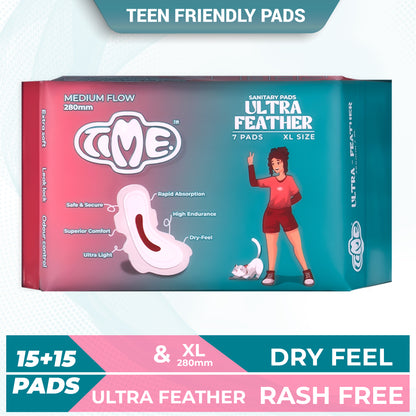 Time Ultra Feather Sanitary Pads - Buy 3 Get 1 Free | Superior Absorption | Teen Pads | Rash free | Dry Feel