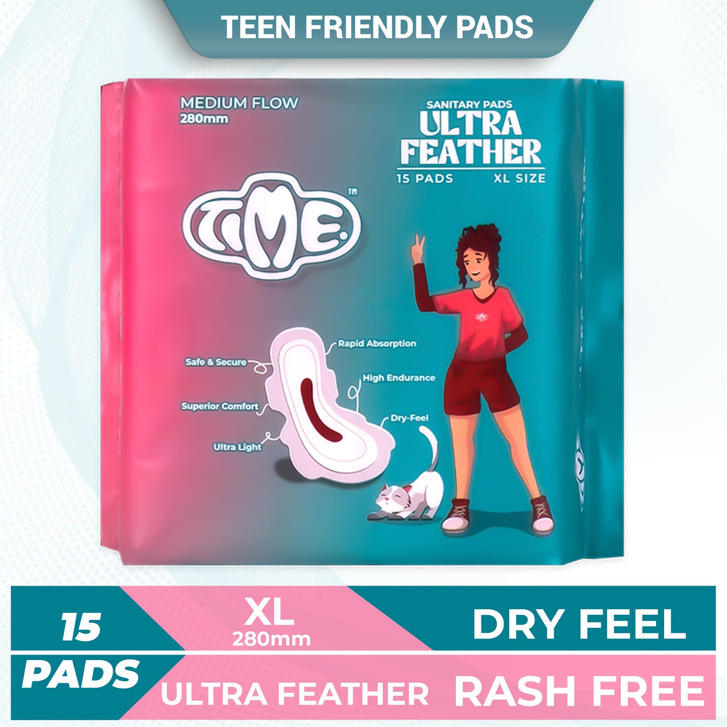 Time Ultra Feather Sanitary Pads | Superior Absorption  | Teen Pads | Rash free | Dry Feel