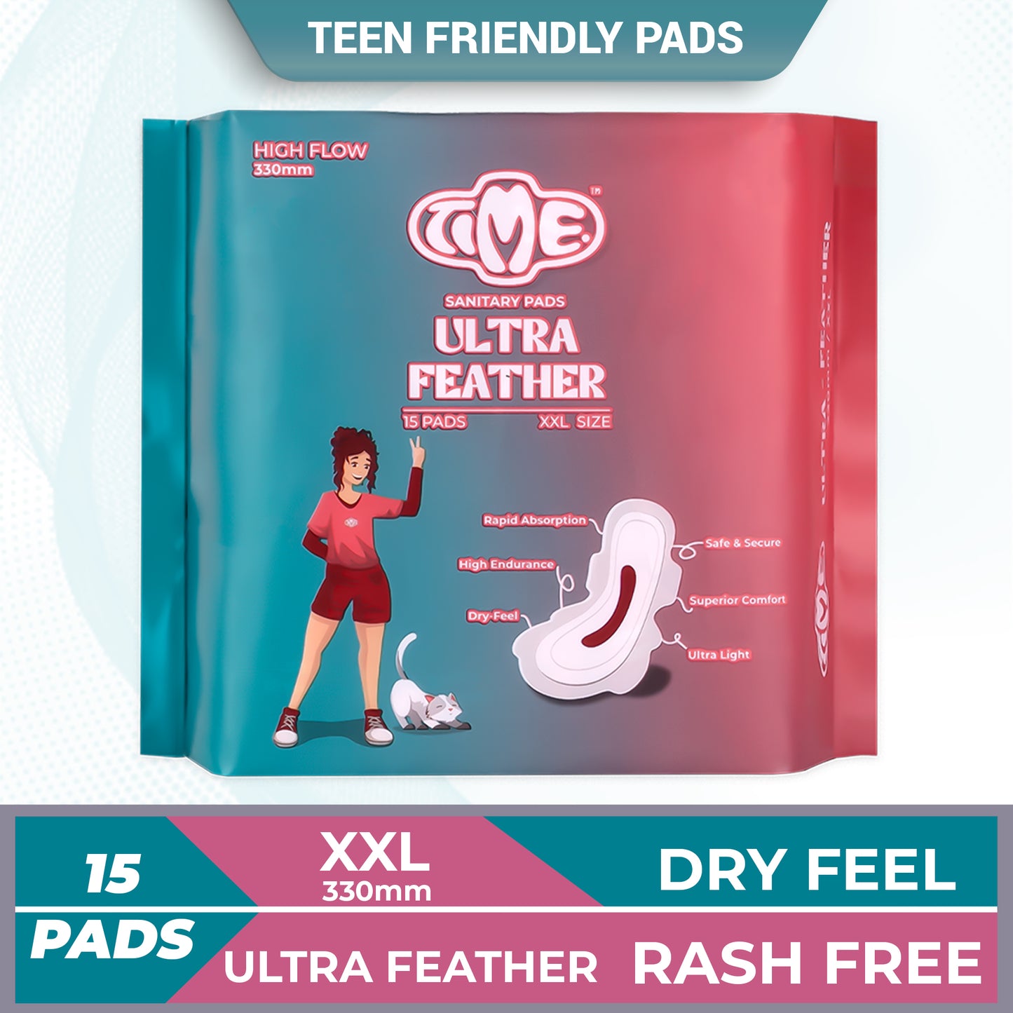 Time Ultra Feather Sanitary Pads | Superior Absorption  | Teen Pads | Rash free | Dry Feel