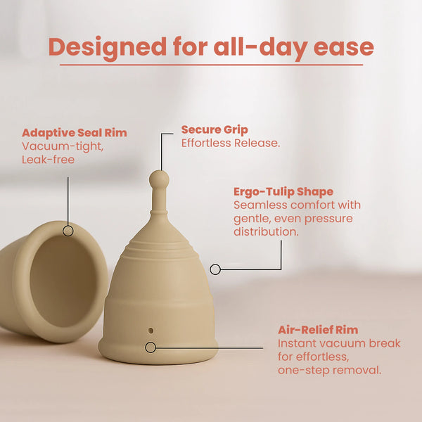 TIME Menstrual Cup design features adaptive seal rim ergo-tulip shape air-relief rim