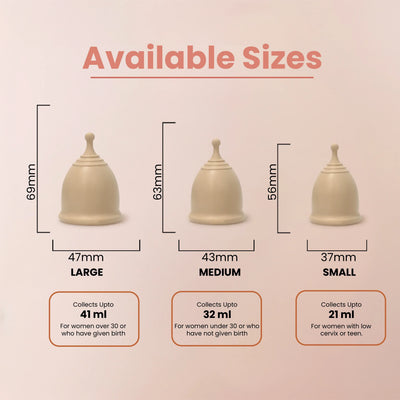 TIME Menstrual Cup available sizes Small 21ml Medium 32ml Large 41ml dimensions