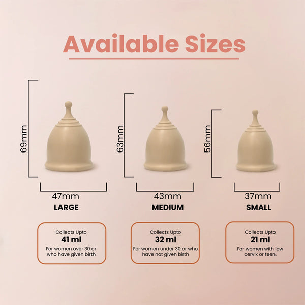Time Menstrual Cup Available Sizes – Small 21ml, Medium 32ml and Large 41ml with Dimensions
