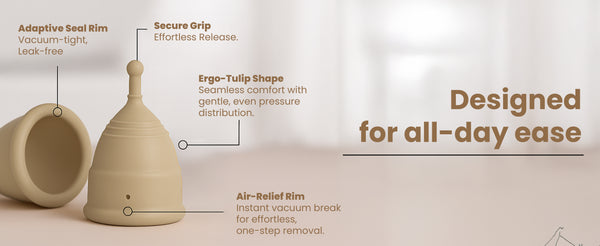 Time Menstrual Cup Designed for All-Day Ease with Adaptive Seal Rim Ergo-Tulip Shape and Air-Relief Rim