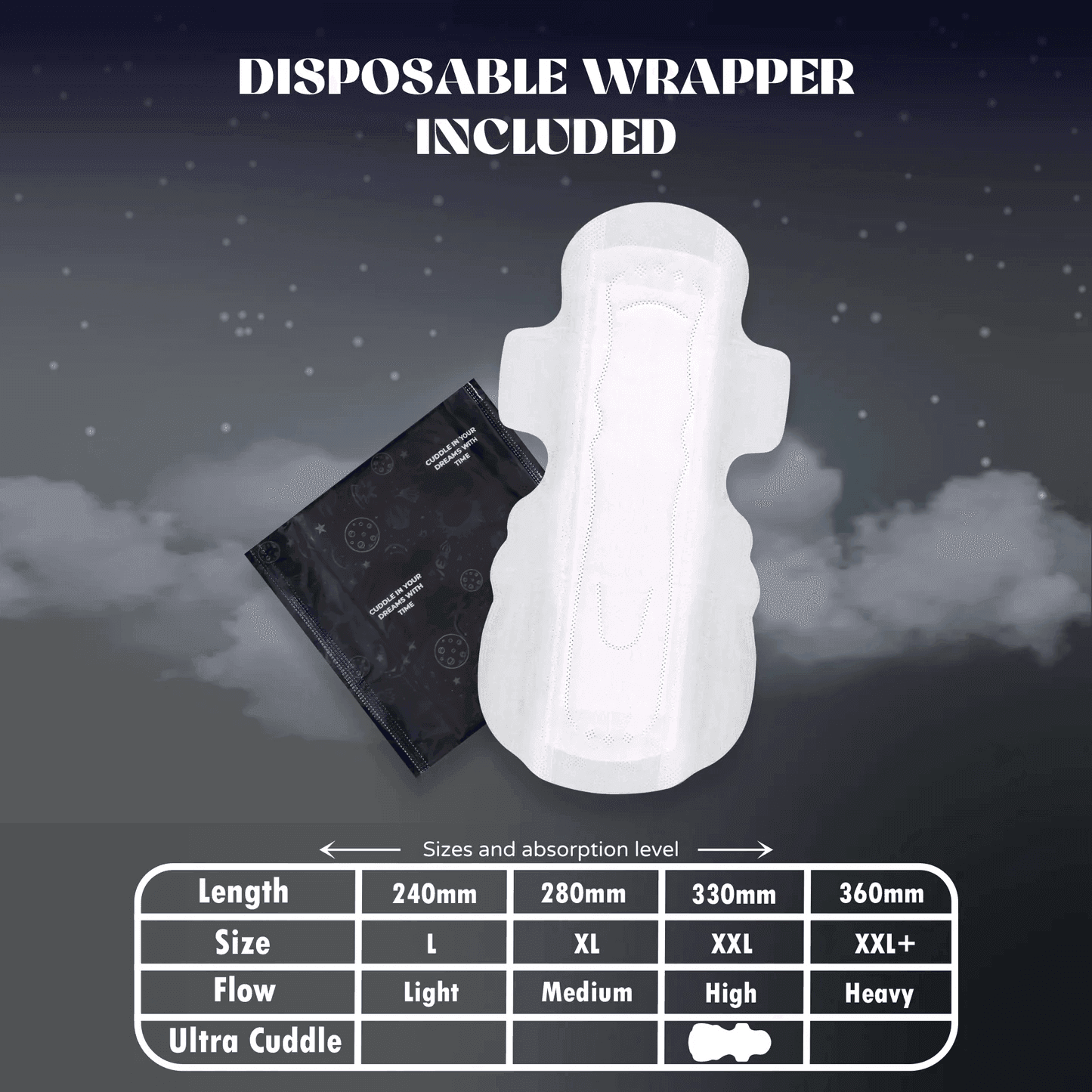 ultra cuddle 330mm XXL sanitary pads for heavy flow nights, ensuring leak-free, comfortable sleep with a wide back, overnight use