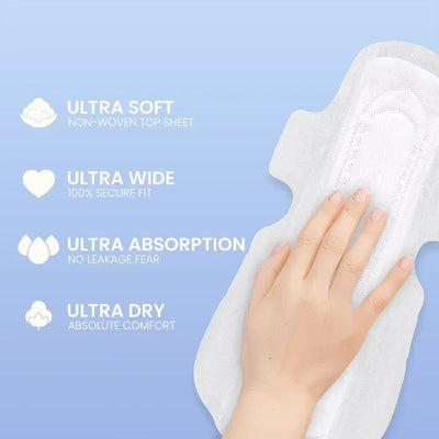 Time Sanitary Pad Showing Ultra Soft Non-Woven Top Sheet Ultra Wide Fit Ultra Absorption and Ultra Dry Comfort