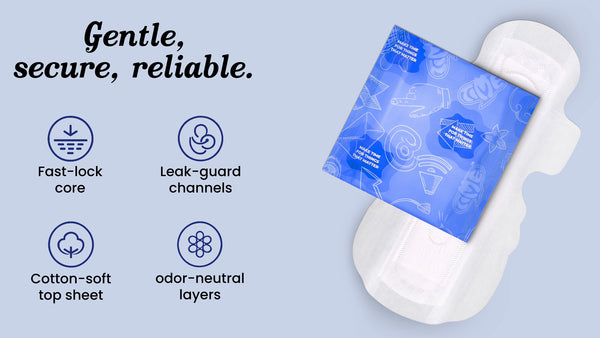 Time Sanitary Pad features – Fast-Lock Core, Leak-Guard Channels, Cotton-Soft Top Sheet, Odor-Neutral Layers