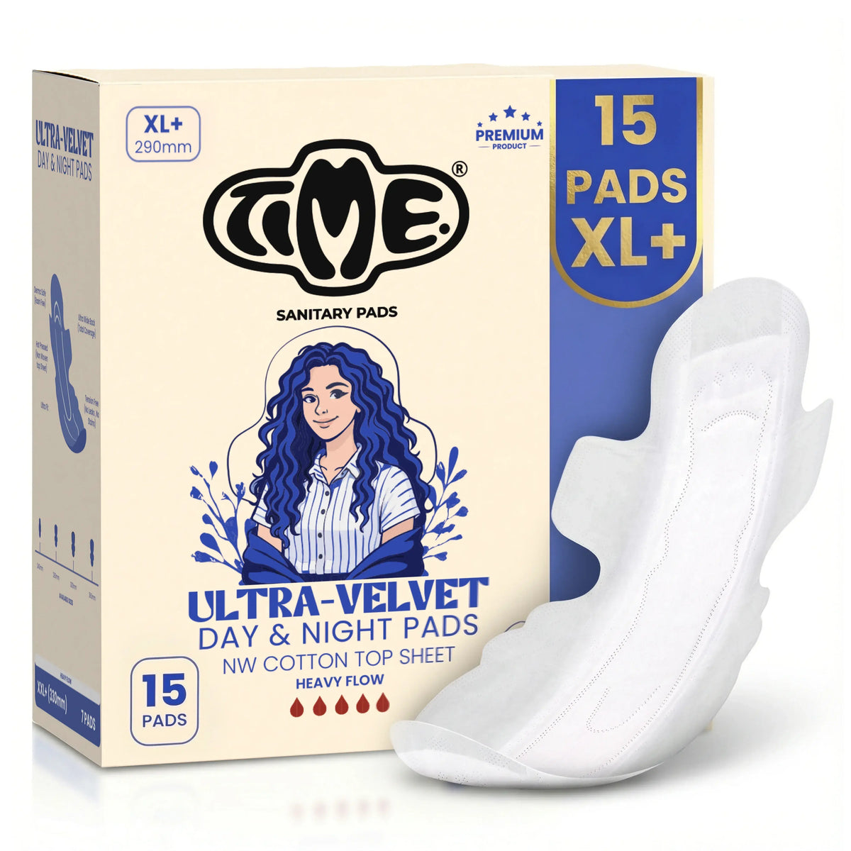 Time Ultra-Velvet XL+ Sanitary Pads 290mm Pack of 15 for Heavy Flow Day and Night