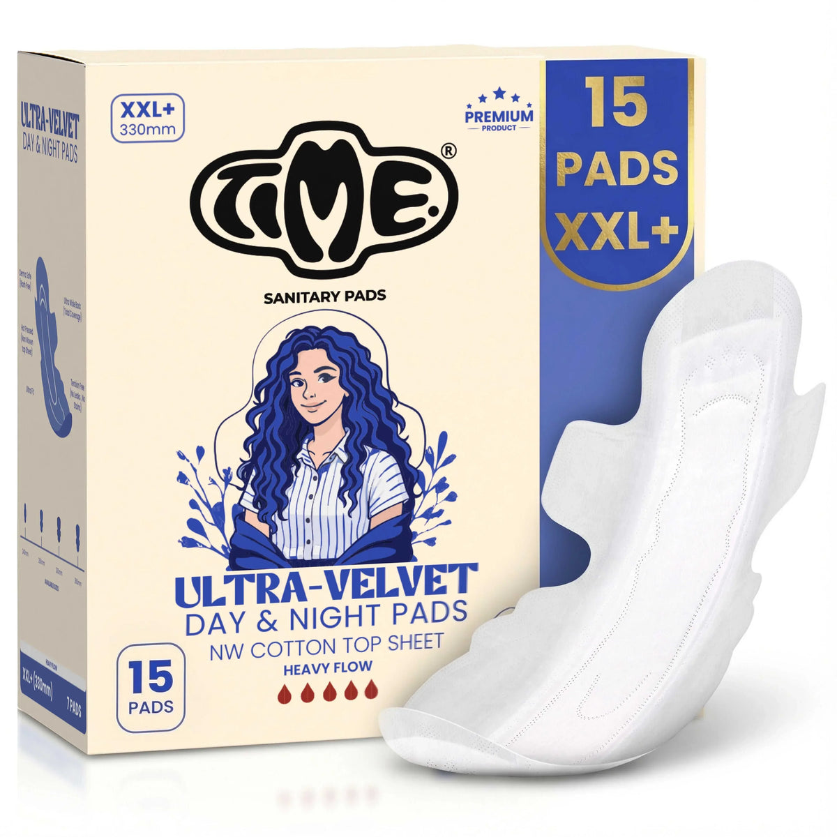 Time Ultra-Velvet XXL+ 330mm Premium Sanitary Pads Pack of 15 for Heavy Flow Day and Night