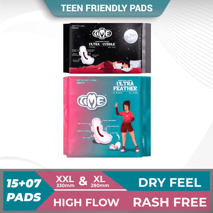 Time Ultra Feather XL + Ultra Cuddle XXL Sanitary Pads | Teen Pads | Over Night Comfort | Rash Free (1 Pack each)