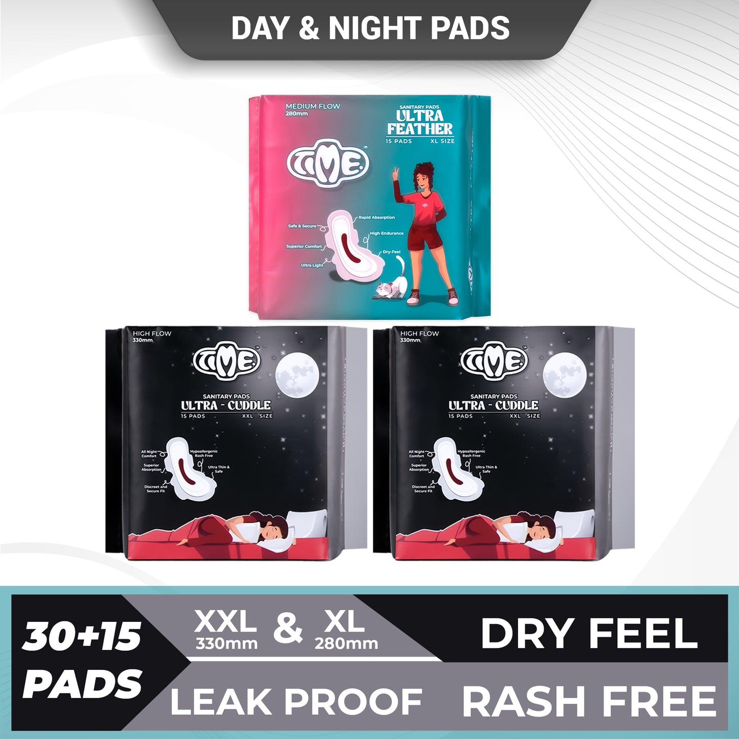 Time Ultra Feather XL + Ultra Cuddle XXL Sanitary Pads (pack of 3) |  Teen Pads | Over Night Comfort | Rash Free