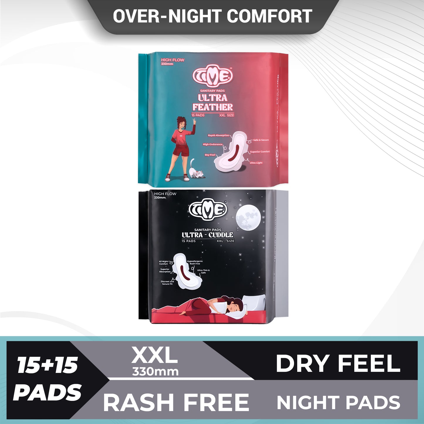 Time Ultra Feather XXL + Ultra Cuddle XXL Sanitary Pads (1 pack each) | Teen Pads | Over Night Comfort | Rash Free