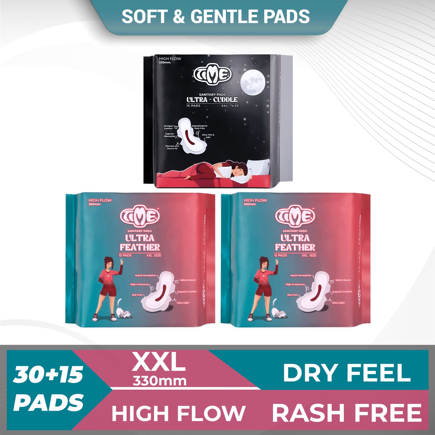 Time Ultra Feather XXL + Ultra Cuddle XXL Sanitary Pads (Pack of 3) | Teen Pads | Over Night Comfort | Rash Free