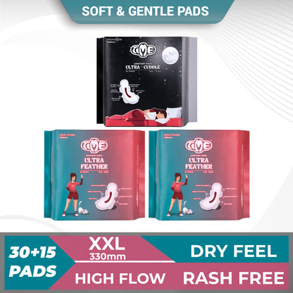 Time Ultra Feather XXL + Ultra Cuddle XXL Sanitary Pads (Pack of 3) | Teen Pads | Over Night Comfort | Rash Free